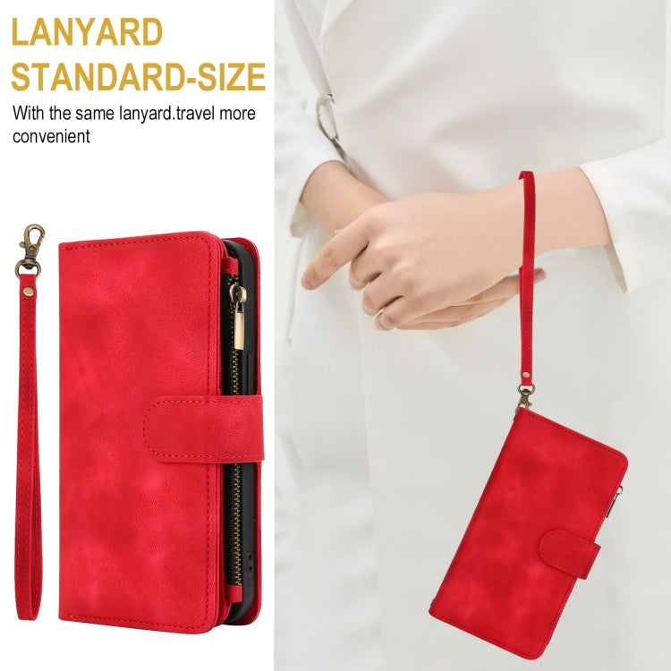 For iPhone 15 Dream 9-Card Zipper Wallet RFID Leather Phone Case with Lanyard(Red) - iPhone 15 Cases by buy2fix | Online Shopping UK | buy2fix