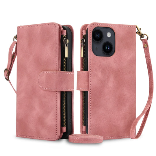 For iPhone 15 Dream 9-Card Zipper Wallet RFID Leather Phone Case with Lanyard(Rose Gold)