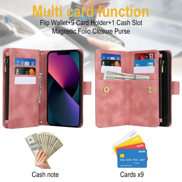 For iPhone 15 Dream 9-Card Zipper Wallet RFID Leather Phone Case with Lanyard(Rose Gold) - iPhone 15 Cases by buy2fix | Online Shopping UK | buy2fix
