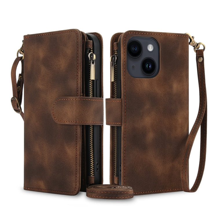 For iPhone 15 Dream 9-Card Zipper Wallet RFID Leather Phone Case with Lanyard(Brown) - iPhone 15 Cases by buy2fix | Online Shopping UK | buy2fix