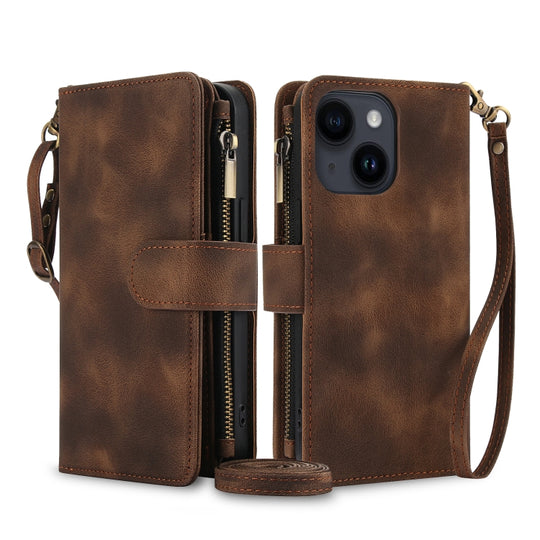 For iPhone 15 Dream 9-Card Zipper Wallet RFID Leather Phone Case with Lanyard(Brown)