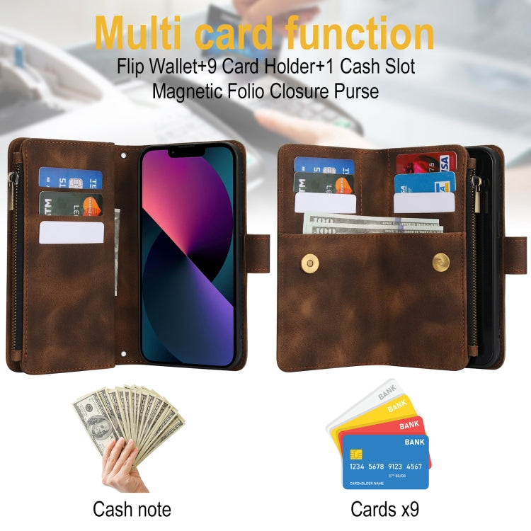 For iPhone 15 Dream 9-Card Zipper Wallet RFID Leather Phone Case with Lanyard(Brown) - iPhone 15 Cases by buy2fix | Online Shopping UK | buy2fix