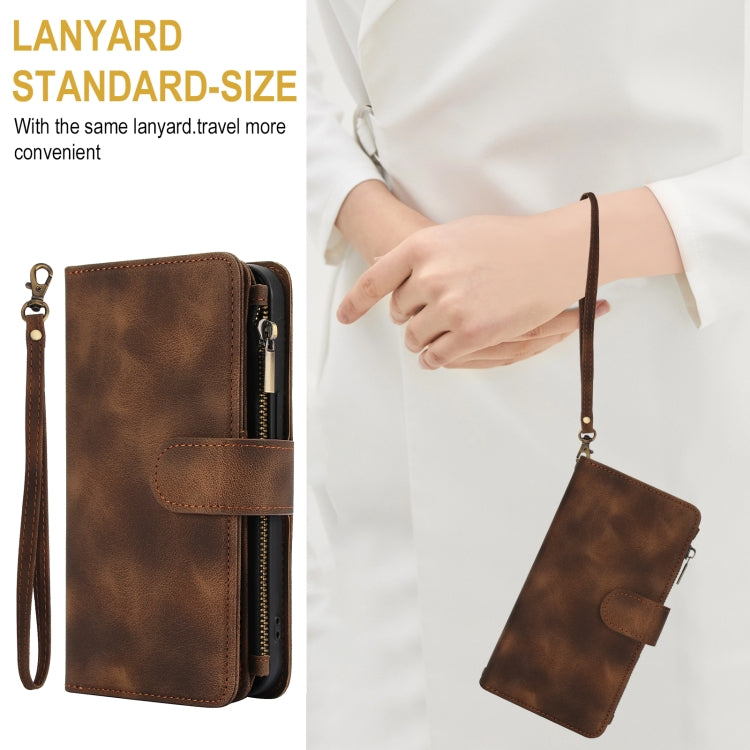 For iPhone 15 Dream 9-Card Zipper Wallet RFID Leather Phone Case with Lanyard(Brown) - iPhone 15 Cases by buy2fix | Online Shopping UK | buy2fix