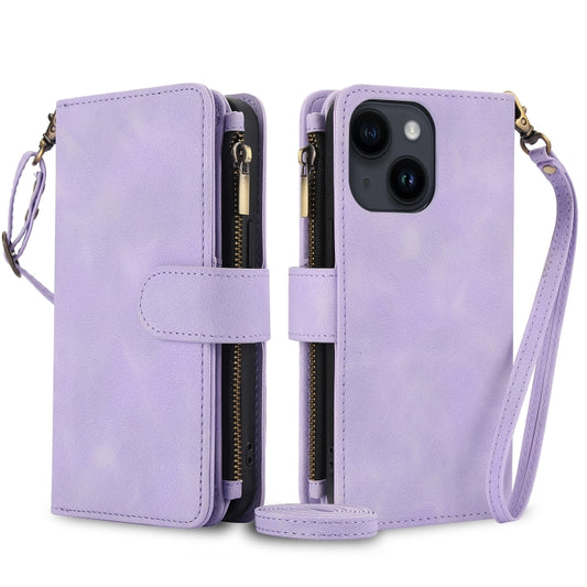 For iPhone 15 Dream 9-Card Zipper Wallet RFID Leather Phone Case with Lanyard(Purple) - iPhone 15 Cases by buy2fix | Online Shopping UK | buy2fix