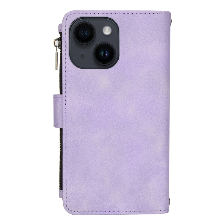 For iPhone 15 Dream 9-Card Zipper Wallet RFID Leather Phone Case with Lanyard(Purple) - iPhone 15 Cases by buy2fix | Online Shopping UK | buy2fix