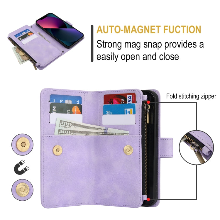For iPhone 15 Dream 9-Card Zipper Wallet RFID Leather Phone Case with Lanyard(Purple) - iPhone 15 Cases by buy2fix | Online Shopping UK | buy2fix
