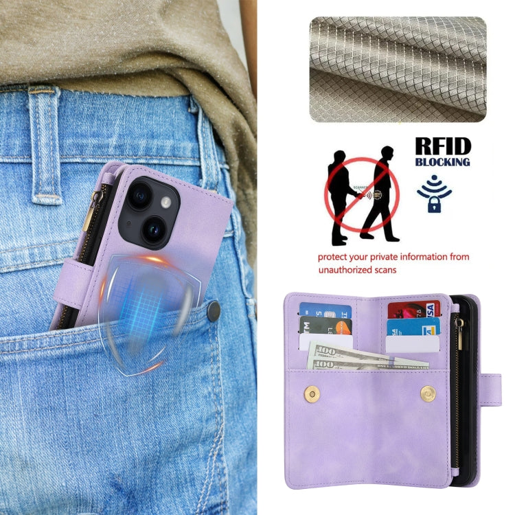For iPhone 15 Dream 9-Card Zipper Wallet RFID Leather Phone Case with Lanyard(Purple) - iPhone 15 Cases by buy2fix | Online Shopping UK | buy2fix