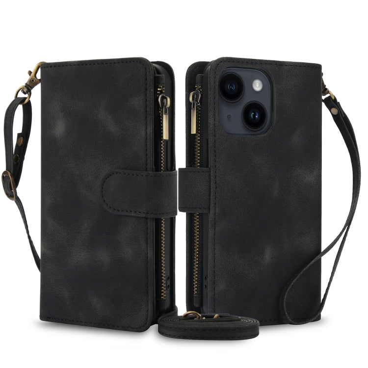 For iPhone 15 Dream 9-Card Zipper Wallet RFID Leather Phone Case with Lanyard(Black) - iPhone 15 Cases by buy2fix | Online Shopping UK | buy2fix