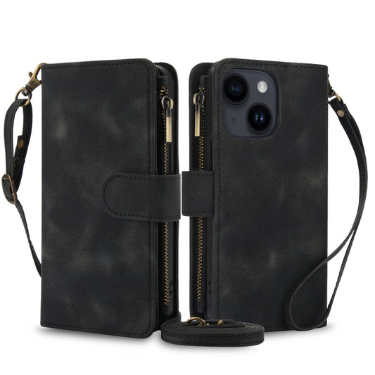 For iPhone 15 Dream 9-Card Zipper Wallet RFID Leather Phone Case with Lanyard(Black) - iPhone 15 Cases by buy2fix | Online Shopping UK | buy2fix