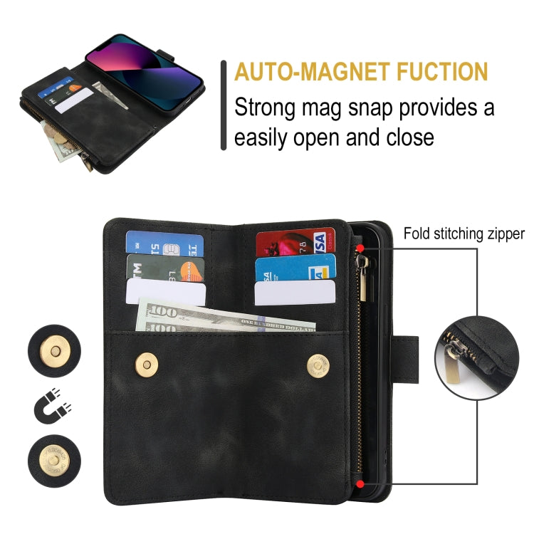For iPhone 15 Dream 9-Card Zipper Wallet RFID Leather Phone Case with Lanyard(Black) - iPhone 15 Cases by buy2fix | Online Shopping UK | buy2fix