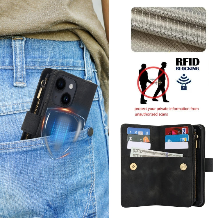 For iPhone 15 Dream 9-Card Zipper Wallet RFID Leather Phone Case with Lanyard(Black) - iPhone 15 Cases by buy2fix | Online Shopping UK | buy2fix