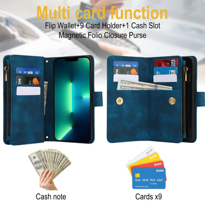 For iPhone 15 Pro Dream 9-Card Zipper Wallet RFID Leather Phone Case with Lanyard(Blue) - iPhone 15 Pro Cases by buy2fix | Online Shopping UK | buy2fix