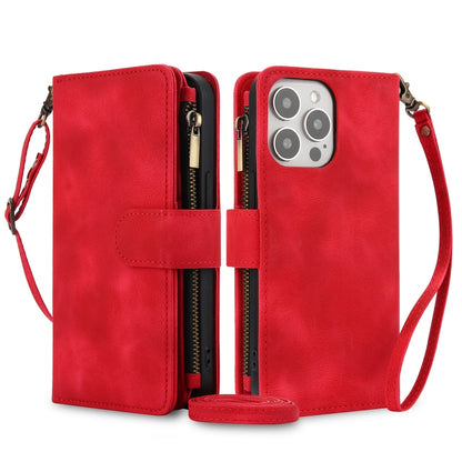 For iPhone 15 Pro Dream 9-Card Zipper Wallet RFID Leather Phone Case with Lanyard(Red) - iPhone 15 Pro Cases by buy2fix | Online Shopping UK | buy2fix
