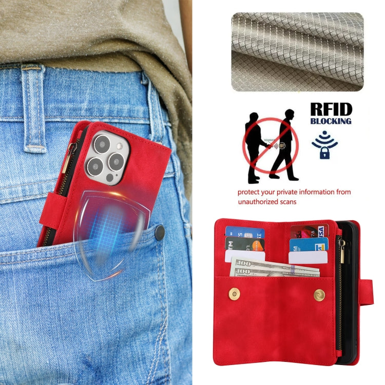 For iPhone 15 Pro Dream 9-Card Zipper Wallet RFID Leather Phone Case with Lanyard(Red) - iPhone 15 Pro Cases by buy2fix | Online Shopping UK | buy2fix
