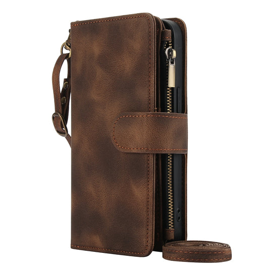 For iPhone 15 Pro Dream 9-Card Zipper Wallet RFID Leather Phone Case with Lanyard(Brown) - iPhone 15 Pro Cases by buy2fix | Online Shopping UK | buy2fix