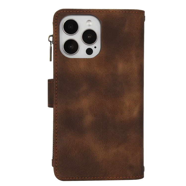 For iPhone 15 Pro Dream 9-Card Zipper Wallet RFID Leather Phone Case with Lanyard(Brown) - iPhone 15 Pro Cases by buy2fix | Online Shopping UK | buy2fix