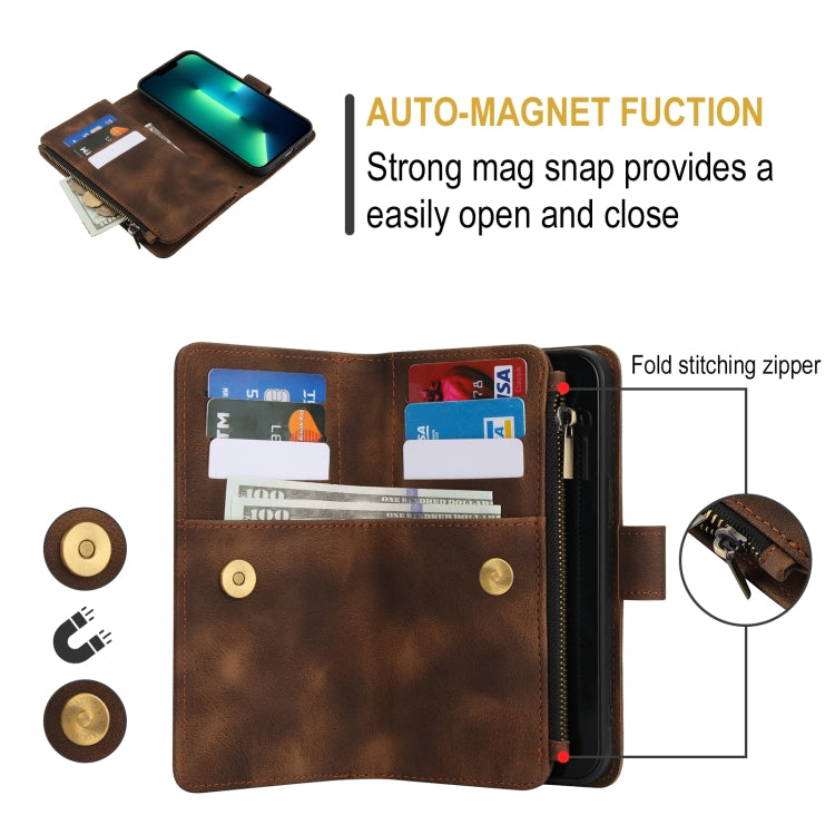 For iPhone 15 Pro Dream 9-Card Zipper Wallet RFID Leather Phone Case with Lanyard(Brown) - iPhone 15 Pro Cases by buy2fix | Online Shopping UK | buy2fix