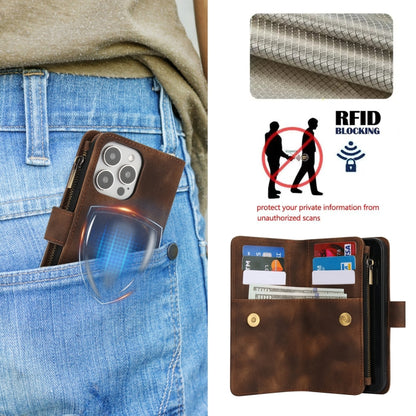 For iPhone 15 Pro Dream 9-Card Zipper Wallet RFID Leather Phone Case with Lanyard(Brown) - iPhone 15 Pro Cases by buy2fix | Online Shopping UK | buy2fix