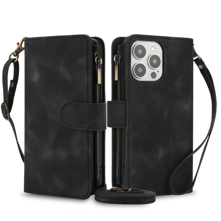 For iPhone 15 Pro Dream 9-Card Zipper Wallet RFID Leather Phone Case with Lanyard(Black) - iPhone 15 Pro Cases by buy2fix | Online Shopping UK | buy2fix