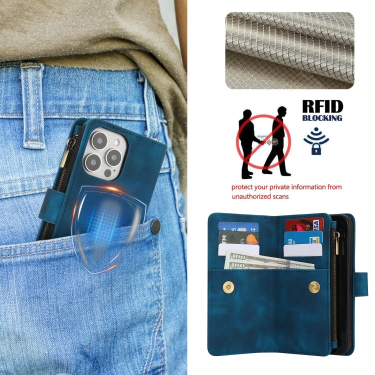 For iPhone 15 Pro Max Dream 9-Card Zipper Wallet RFID Leather Phone Case with Lanyard(Blue) - iPhone 15 Pro Max Cases by buy2fix | Online Shopping UK | buy2fix