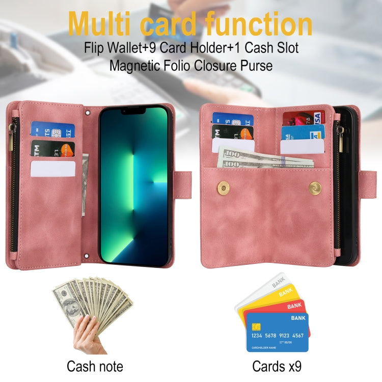 For iPhone 15 Pro Max Dream 9-Card Zipper Wallet RFID Leather Phone Case with Lanyard(Rose Gold) - iPhone 15 Pro Max Cases by buy2fix | Online Shopping UK | buy2fix