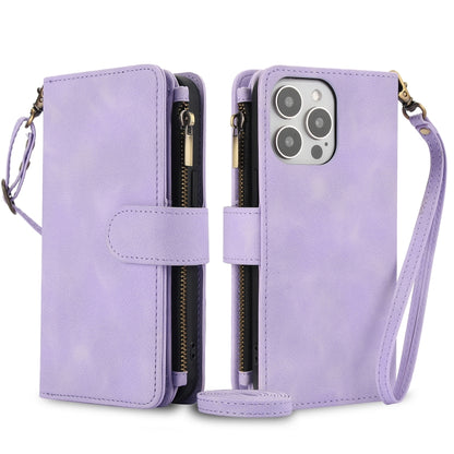 For iPhone 15 Pro Max Dream 9-Card Zipper Wallet RFID Leather Phone Case with Lanyard(Purple) - iPhone 15 Pro Max Cases by buy2fix | Online Shopping UK | buy2fix