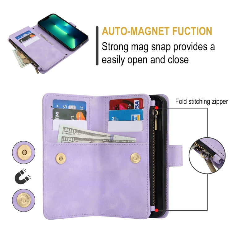 For iPhone 15 Pro Max Dream 9-Card Zipper Wallet RFID Leather Phone Case with Lanyard(Purple) - iPhone 15 Pro Max Cases by buy2fix | Online Shopping UK | buy2fix