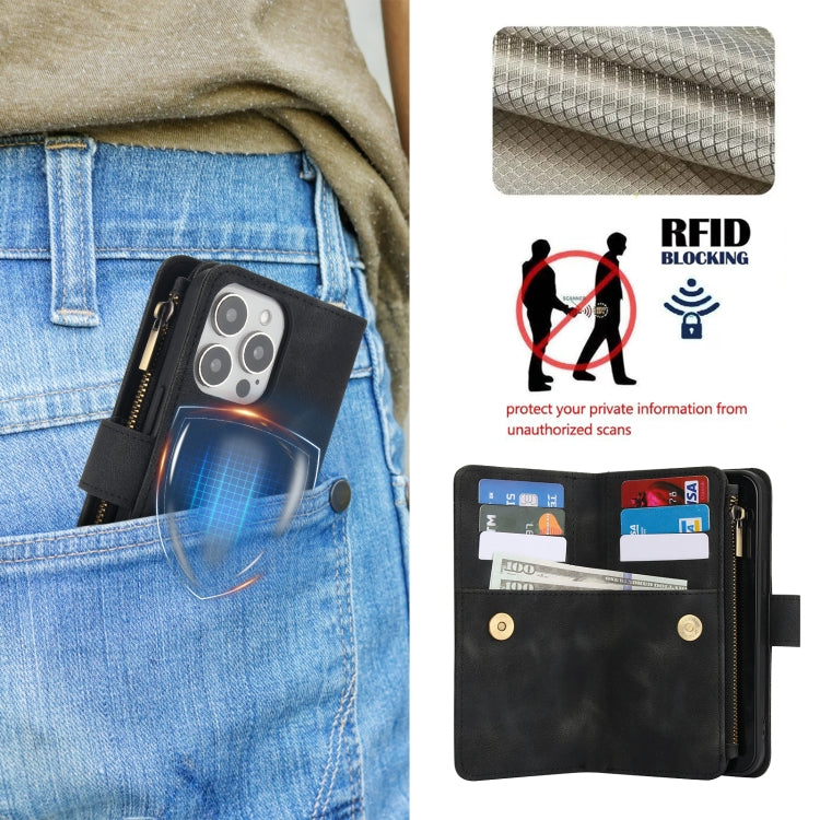 For iPhone 15 Pro Max Dream 9-Card Zipper Wallet RFID Leather Phone Case with Lanyard(Black) - iPhone 15 Pro Max Cases by buy2fix | Online Shopping UK | buy2fix