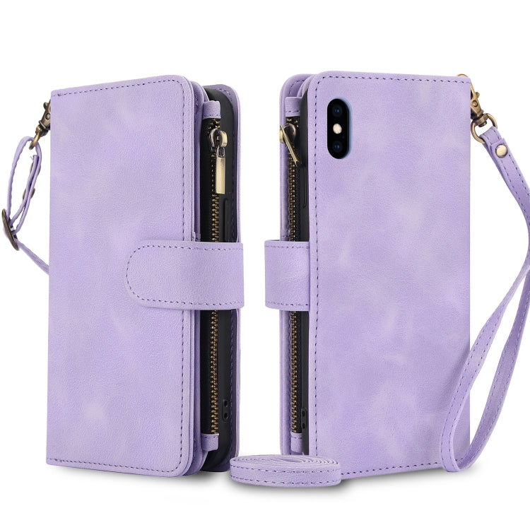 For iPhone XS Max Dream 9-Card Zipper Wallet RFID Leather Phone Case with Lanyard(Purple) - More iPhone Cases by buy2fix | Online Shopping UK | buy2fix
