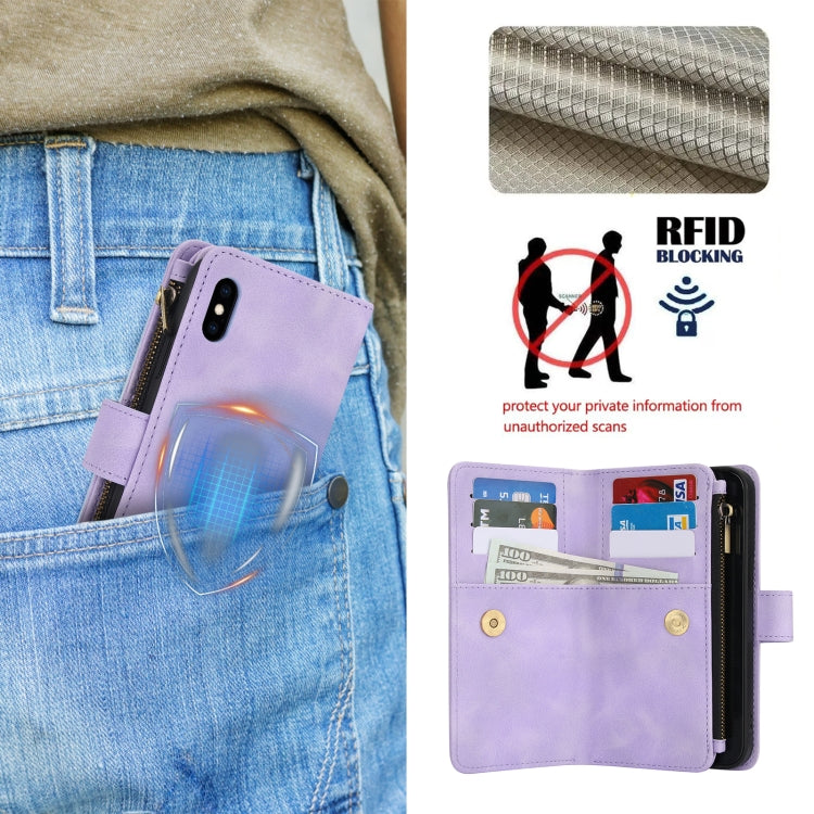 For iPhone XS Max Dream 9-Card Zipper Wallet RFID Leather Phone Case with Lanyard(Purple) - More iPhone Cases by buy2fix | Online Shopping UK | buy2fix