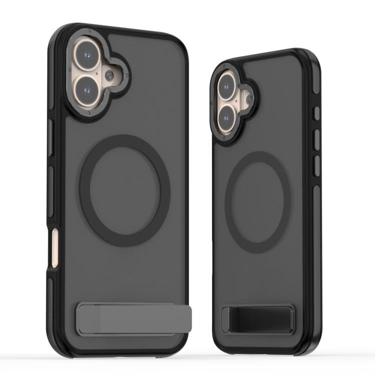 For iPhone 16 Plus Dual-Color Skin Feel Magsafe Phone Case with Holder(Black) - iPhone 16 Plus Cases by buy2fix | Online Shopping UK | buy2fix