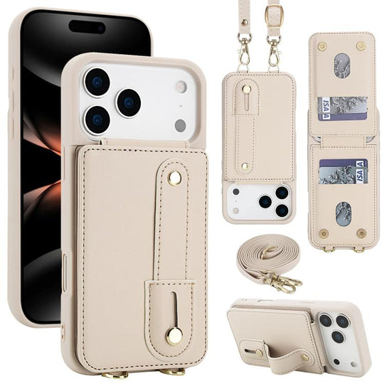 For iPhone 18 Pro Max / 17 Pro Max Wristband Vertical Flip Wallet Back Cover Phone Case with Long Lanyard(White)