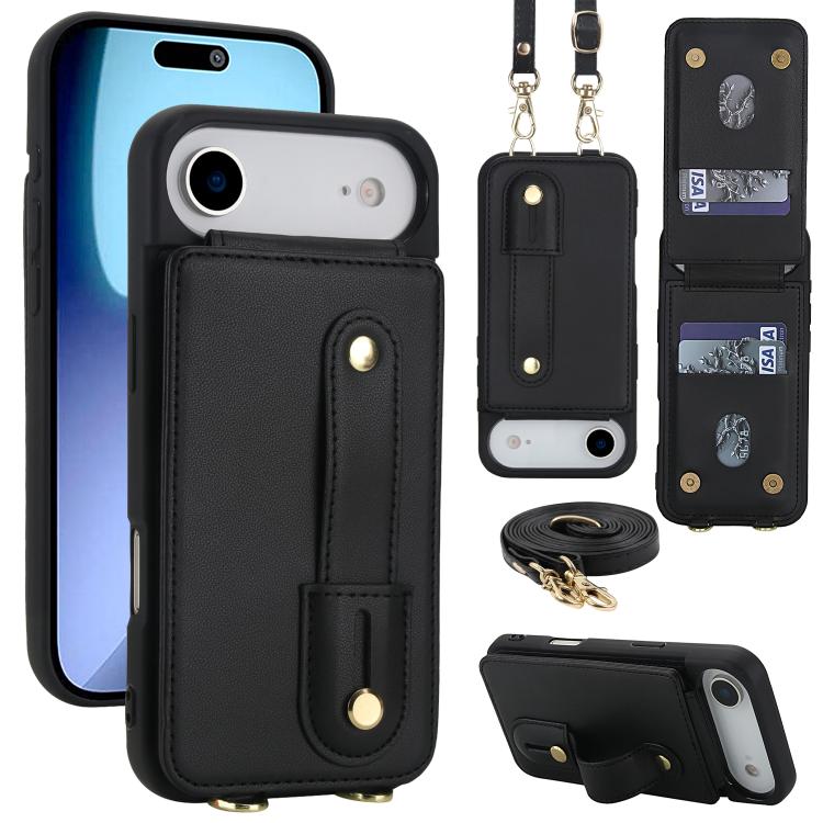 For iPhone Air Wristband Vertical Flip Wallet Back Cover Phone Case with Long Lanyard(Black) - iPhone Air Cases by buy2fix | Online Shopping UK | buy2fix