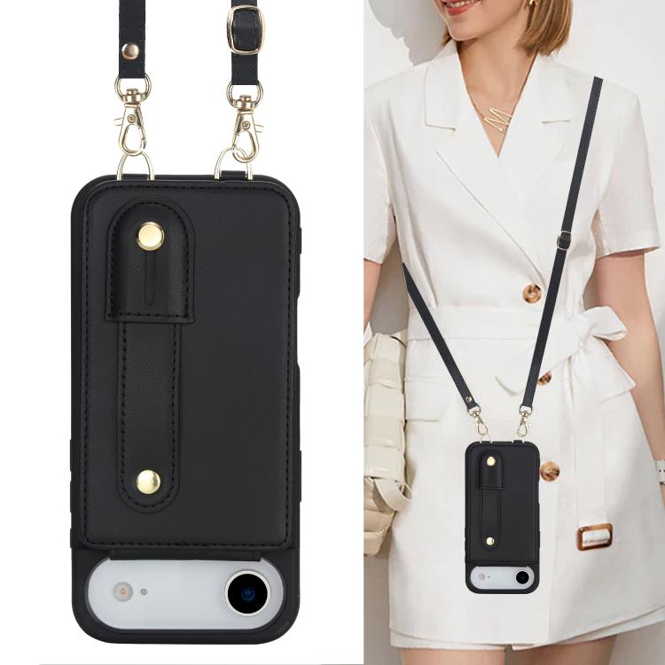 For iPhone Air Wristband Vertical Flip Wallet Back Cover Phone Case with Long Lanyard(Black) - iPhone Air Cases by buy2fix | Online Shopping UK | buy2fix