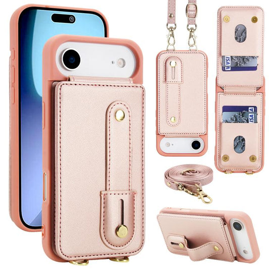 For iPhone Air Wristband Vertical Flip Wallet Back Cover Phone Case with Long Lanyard(Rose Gold) - iPhone Air Cases by buy2fix | Online Shopping UK | buy2fix