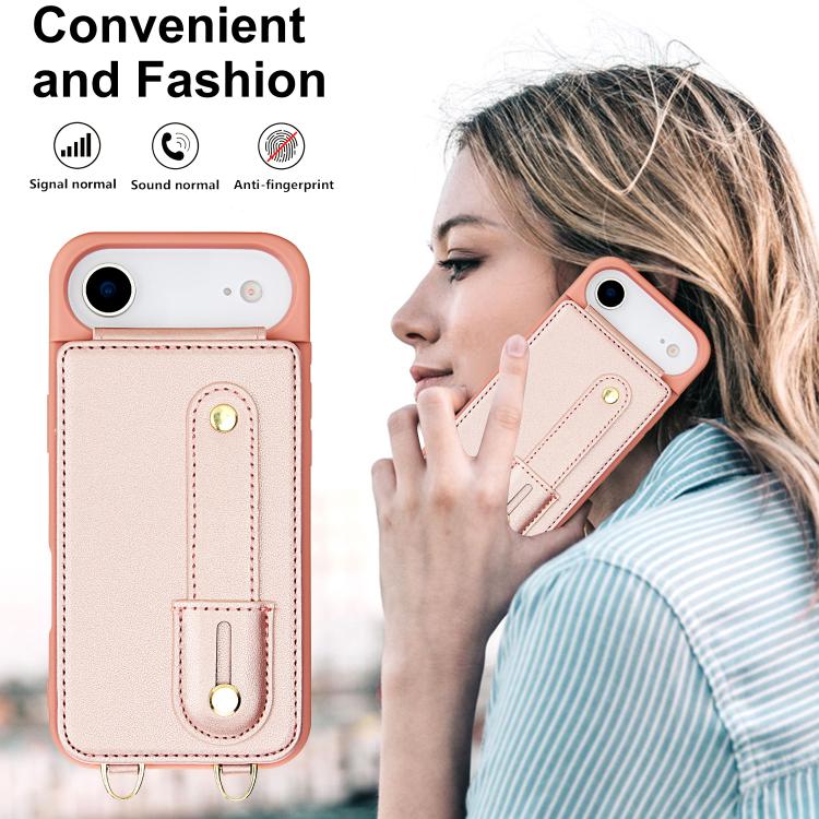 For iPhone Air Wristband Vertical Flip Wallet Back Cover Phone Case with Long Lanyard(Rose Gold) - iPhone Air Cases by buy2fix | Online Shopping UK | buy2fix