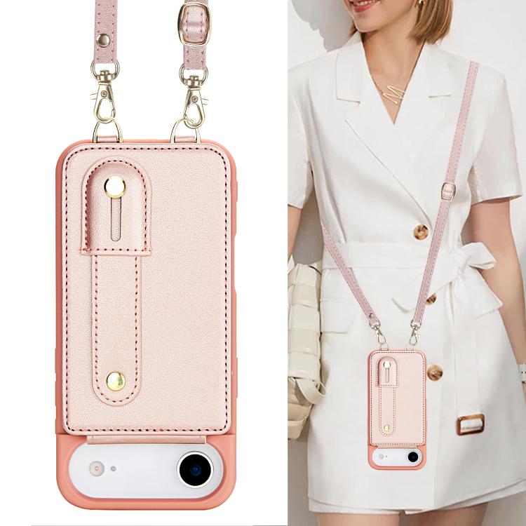 For iPhone Air Wristband Vertical Flip Wallet Back Cover Phone Case with Long Lanyard(Rose Gold) - iPhone Air Cases by buy2fix | Online Shopping UK | buy2fix