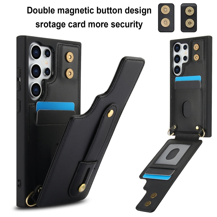 For Samsung Galaxy S25 Ultra 5G Wristband Vertical Flip Wallet Back Cover Phone Case with Long Lanyard(Black) by buy2fix