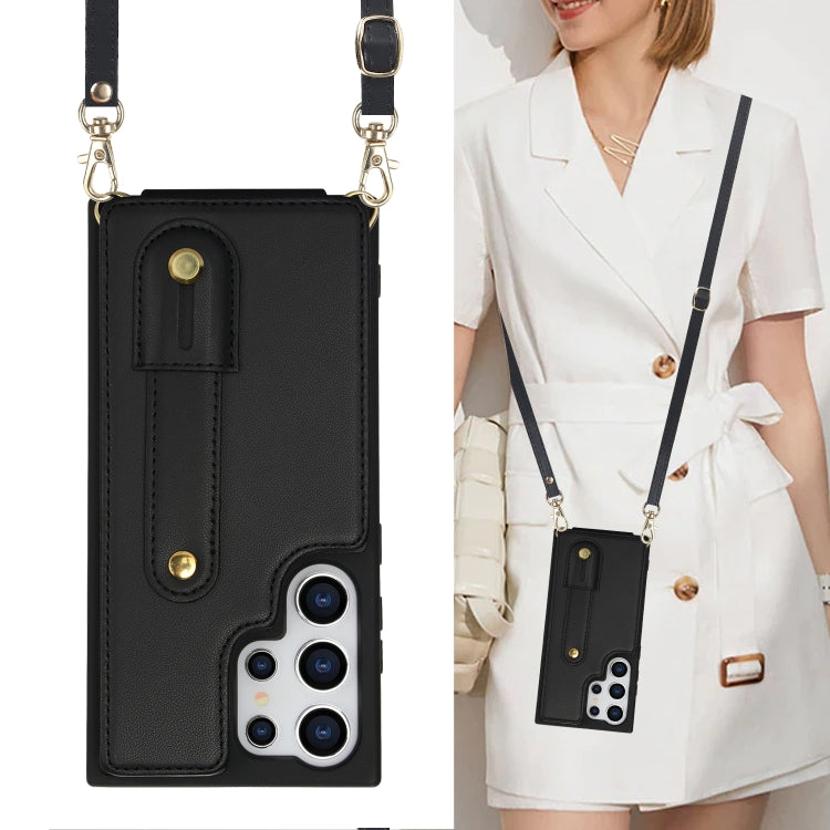 For Samsung Galaxy S25 Ultra 5G Wristband Vertical Flip Wallet Back Cover Phone Case with Long Lanyard(Black) by buy2fix