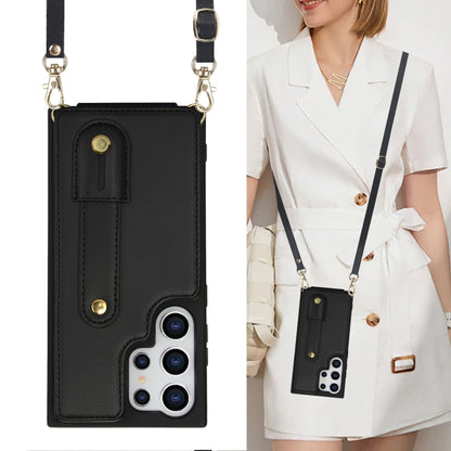 For Samsung Galaxy S25 Ultra 5G Wristband Vertical Flip Wallet Back Cover Phone Case with Long Lanyard(Black) by buy2fix