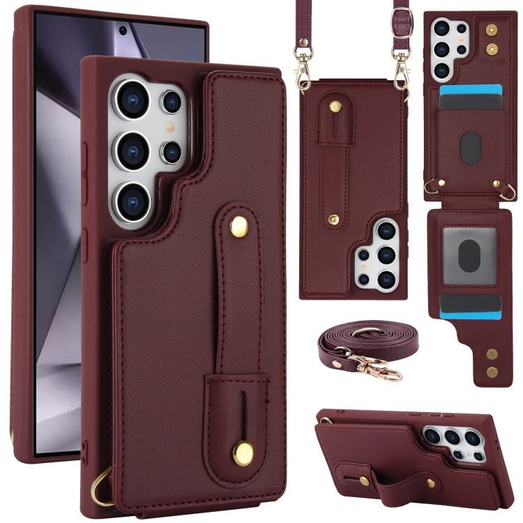 For Samsung Galaxy S25 Ultra 5G Wristband Vertical Flip Wallet Back Cover Phone Case with Long Lanyard(Wine Red) by buy2fix
