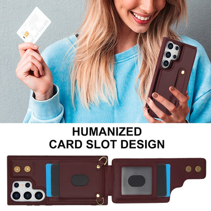 For Samsung Galaxy S25 Ultra 5G Wristband Vertical Flip Wallet Back Cover Phone Case with Long Lanyard(Wine Red) by buy2fix