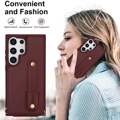For Samsung Galaxy S25 Ultra 5G Wristband Vertical Flip Wallet Back Cover Phone Case with Long Lanyard(Wine Red) by buy2fix
