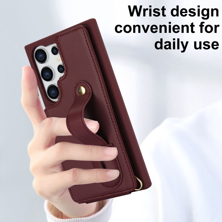 For Samsung Galaxy S25 Ultra 5G Wristband Vertical Flip Wallet Back Cover Phone Case with Long Lanyard(Wine Red) by buy2fix