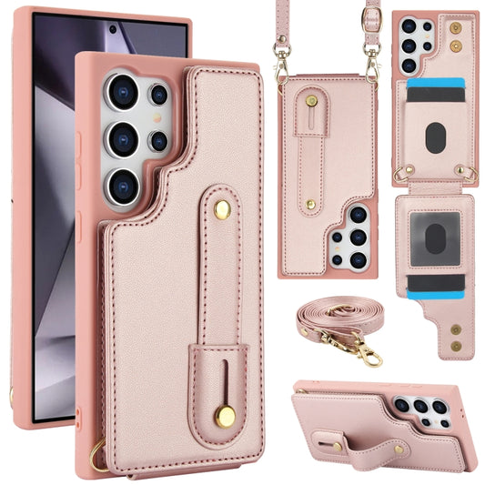For Samsung Galaxy S25 Ultra 5G Wristband Vertical Flip Wallet Back Cover Phone Case with Long Lanyard(Rose Gold) by buy2fix
