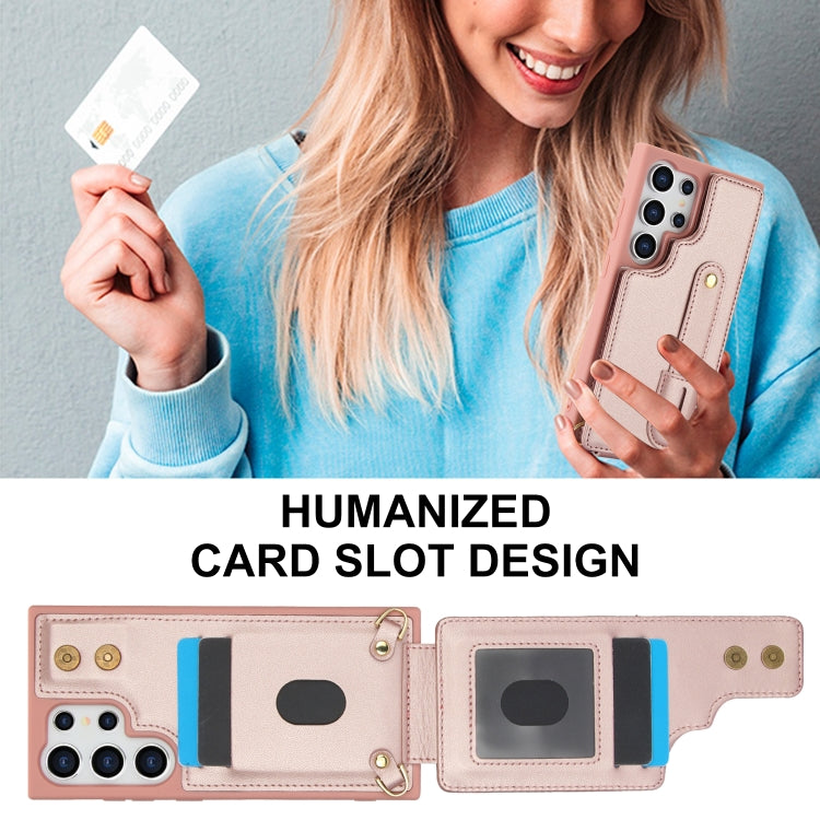 For Samsung Galaxy S25 Ultra 5G Wristband Vertical Flip Wallet Back Cover Phone Case with Long Lanyard(Rose Gold) by buy2fix