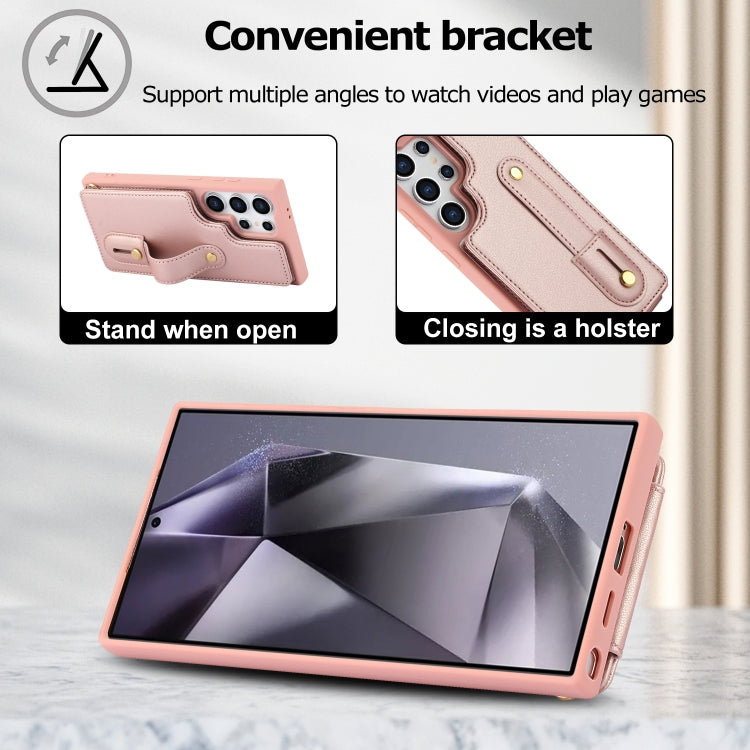 For Samsung Galaxy S25 Ultra 5G Wristband Vertical Flip Wallet Back Cover Phone Case with Long Lanyard(Rose Gold) by buy2fix