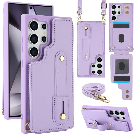For Samsung Galaxy S25 Ultra 5G Wristband Vertical Flip Wallet Back Cover Phone Case with Long Lanyard(Purple) by buy2fix