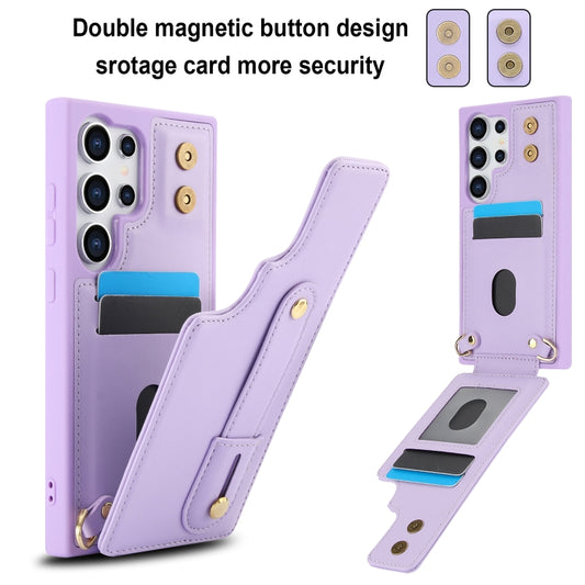For Samsung Galaxy S25 Ultra 5G Wristband Vertical Flip Wallet Back Cover Phone Case with Long Lanyard(Purple) by buy2fix