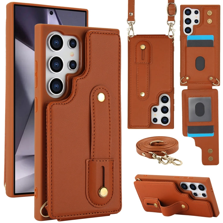 For Samsung Galaxy S25 Ultra 5G Wristband Vertical Flip Wallet Back Cover Phone Case with Long Lanyard(Brown) by buy2fix